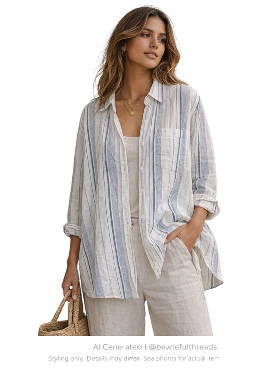 GAP Tops - Coastal European Linen Oversized Boyfriend Shirt Blue Stripe Relaxed Chic